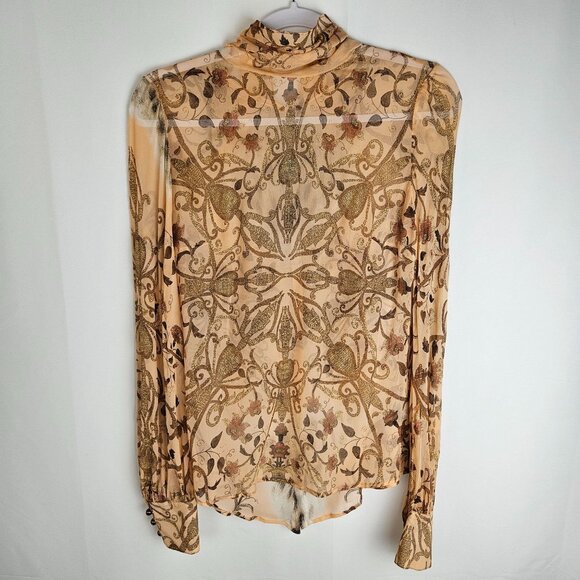 Roberto Cavalli Tops - Roberto Cavalli Sheer Metallic Silk Long Sleeve Blouse Tie Neck Luxury Size 6